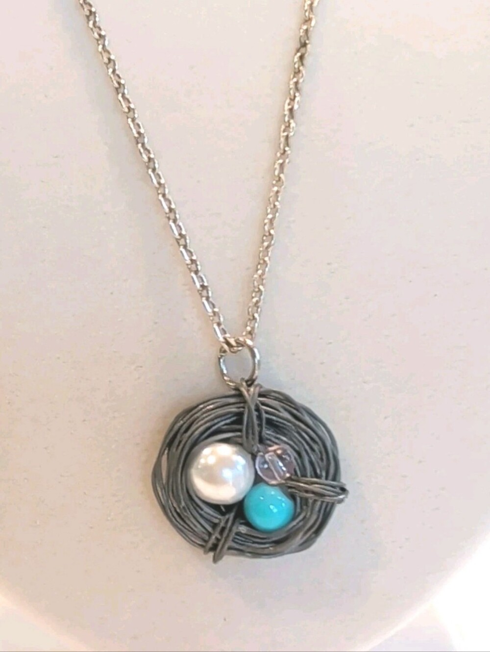 Necklace Artisan Bird's Nest Silver-Tone & 3 Eggs 20"